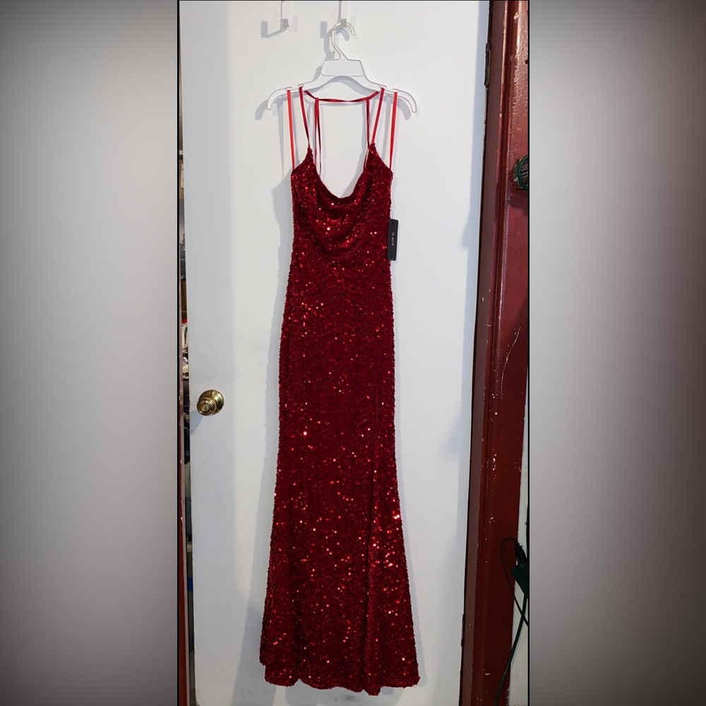 Brand D.ark by Moirai red floor length sequin gown with slit